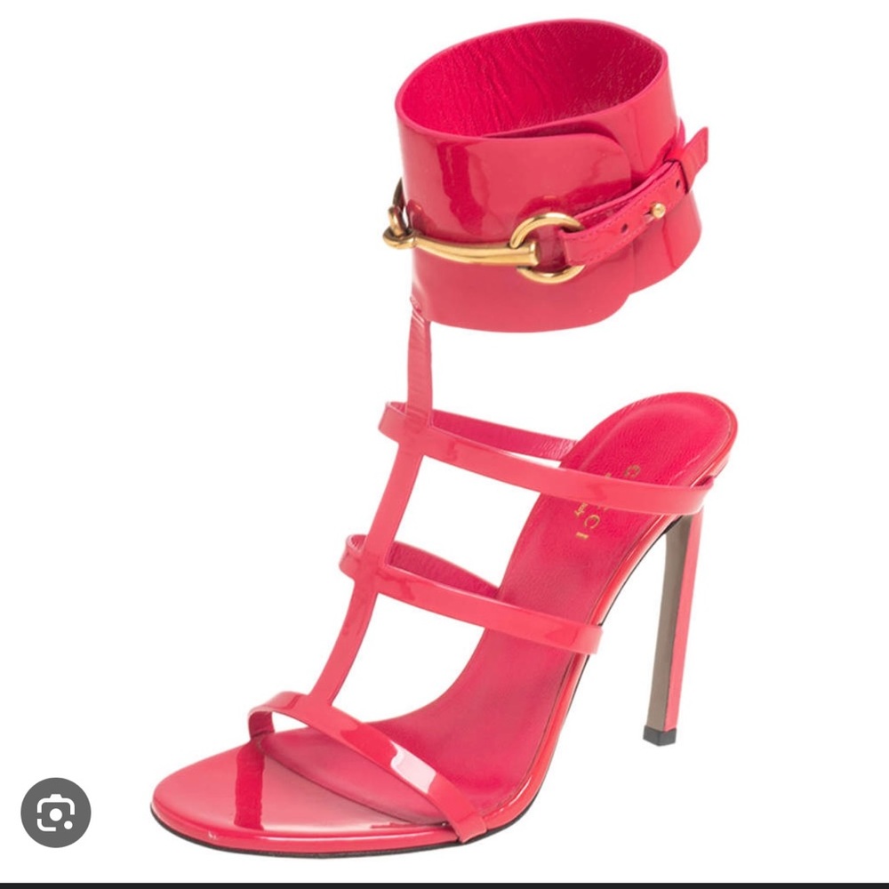 Gucci pink patent leather Ursula Horsebit ankle strap sandals